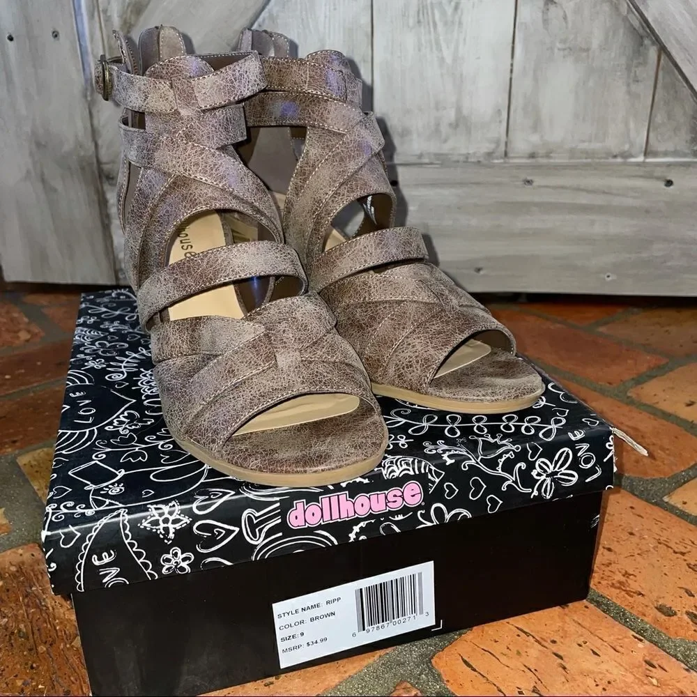 Dollhouse Brown Ripp Strappy Block Heel